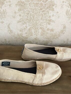 Nautica Beige Canvas Espadrille Slip-Ons with Gold Button